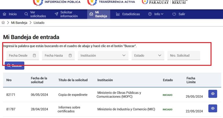 El portal de Acceso a Información Pública (AIP) no dispone de un buscador por palabra clave en la lista de expediente particular de un usuario (bandeja de entrada), opción que existía antes de la reforma. Al realizar una búsqueda, como en Google, la costumbre es realizar por tema.