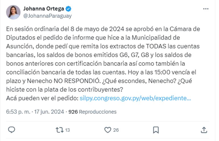 Tweet de Johanna Ortega sobre vencimiento del plazo otorgado a la Municipalidad de Asunción respecto al pedido de informe sobre bonos.