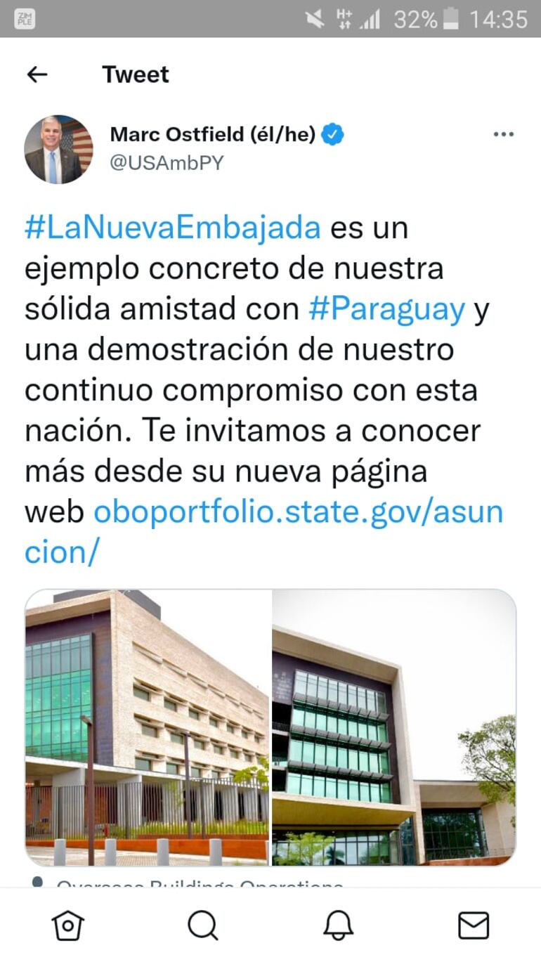 Tweet del embajador Marc Ostfield acrecienta el deseo de ver la nueva embajada ya concluida.