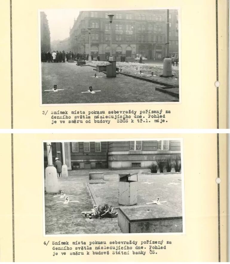 Imágenes de la escena de la inmolación de Josef Hlavaty en el Archivo de las Fuerzas de Seguridad. (Fuente: Novinky.cz)