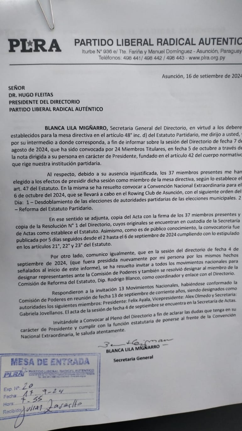 Nota de Blanca Lila Mignarro remitida a Hugo Fleitas, titular del PLRA.