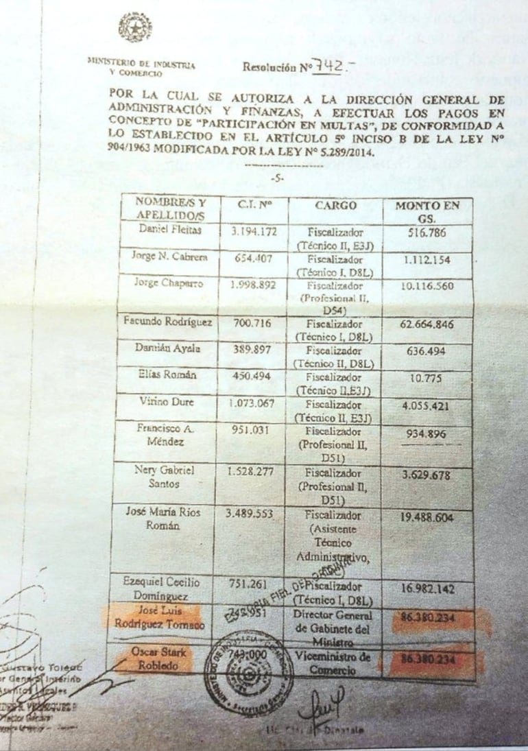 Facsímil de la Resolución N° 742 con el cual se dispuso uno de los pagos casuales. El entonces viceministro de Comercio Óscar Stark  confirmó que cobró esa millonaria suma de dinero.