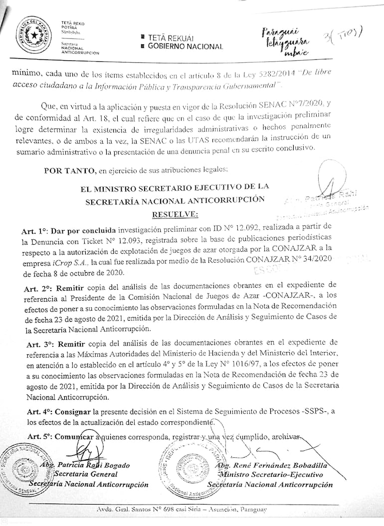 Facsímil de  la Resolución N° 167 firmado por René Fernández. Sólo comunica a Hacienda y Conajzar las irregularidades, ya denunciadas por la prensa. No analiza ni resuelve nada con relación a la ilegalidad de la explotación de tragamonedas en sitios prohibidos por Ley N° 1016/97.