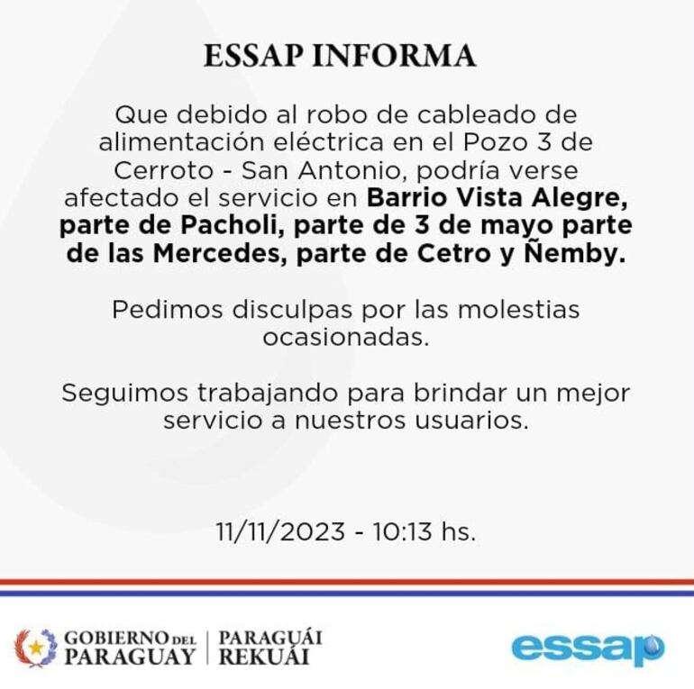 Comunicado sobre el robo de cables en el barrio Vista Alegre de Ñemby y que dejó sin agua a varias comunidades.