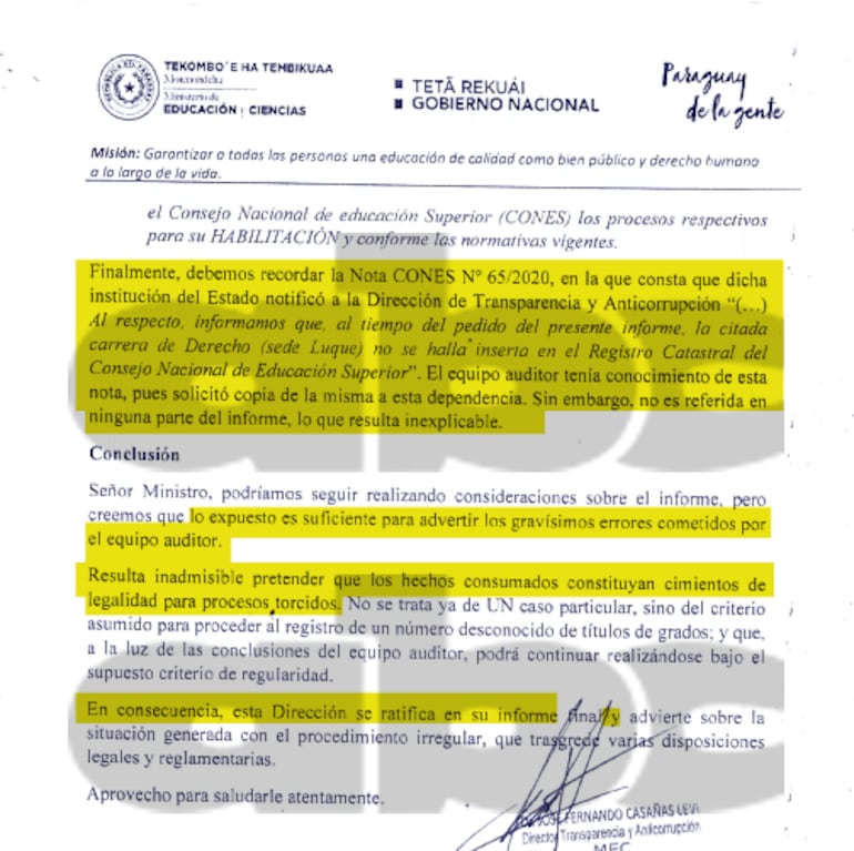 Conclusiones de la Dirección de Anticorrupción del MEC, que en el 2020 reclamaba irregularidades en auditoría que confirmó la supuesta legalidad del título de Hernán Rivas.