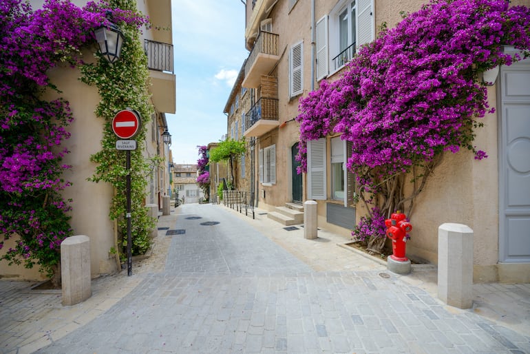 Casas tradicionales cubiertas de flores, Saint-Tropez, Riviera Francesa.