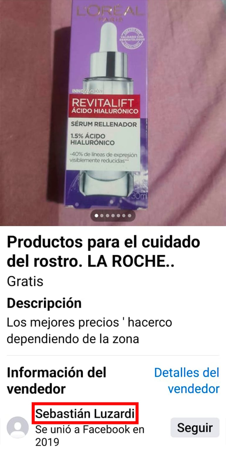 Publicación en Facebook del empleado infiel ofreciendo los productos de belleza.