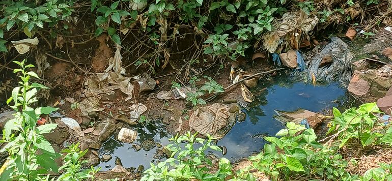 agua contaminada, negra, basuras alrededor