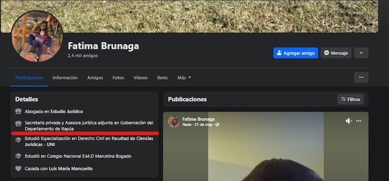 Publicación en redes de Fátima Brunaga donde consigna que estuvo en la gobernación de Itapúa.