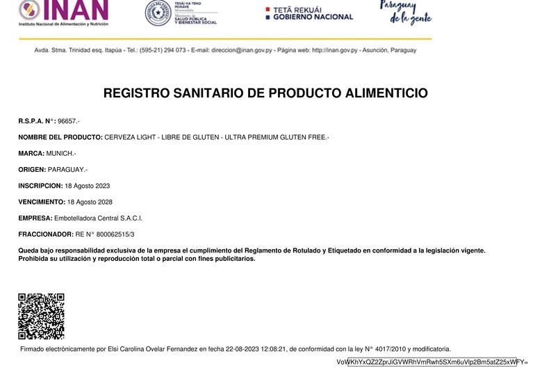 Registro sanitario otorgado por el Instituto Nacional de Alimentación y Nutrición (INAN).