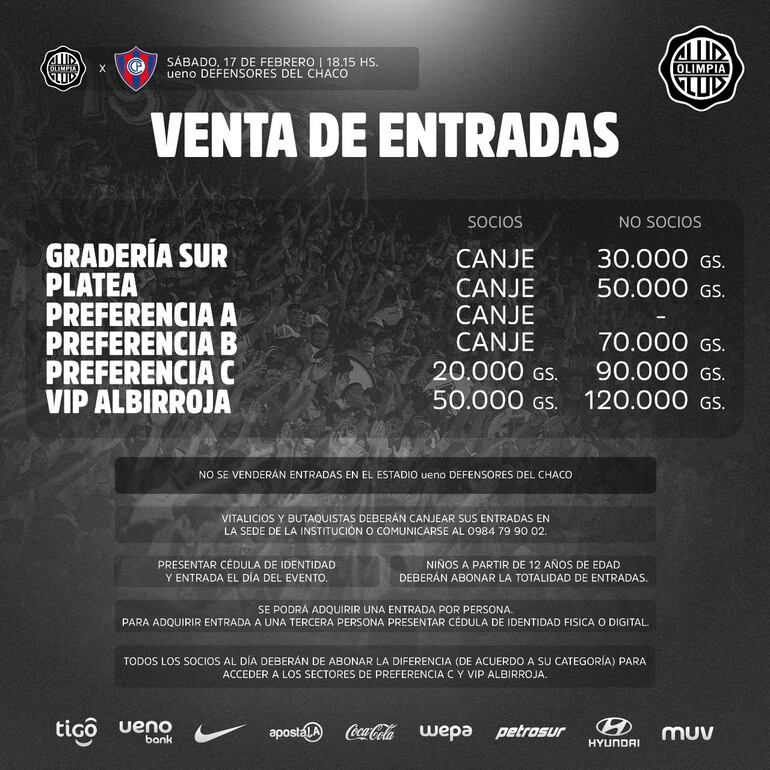 Los precios de las entradas del superclásico para los hinchas de Olimpia.