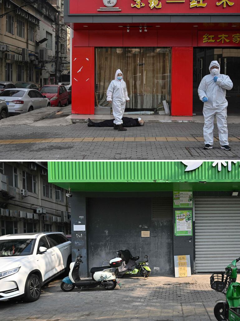 Esta combinación de fotografías muestra a funcionarios con trajes protectores que revisan a un anciano que llevaba una mascarilla y se desplomó y murió en una calle cerca de un hospital en Wuhan el 30 de enero de 2020 (arriba) y una vista del exterior del mismo lugar el 21 de diciembre de 2024, antes del quinto aniversario de la confirmación por parte de China de su primera muerte por el coronavirus Covid-19.