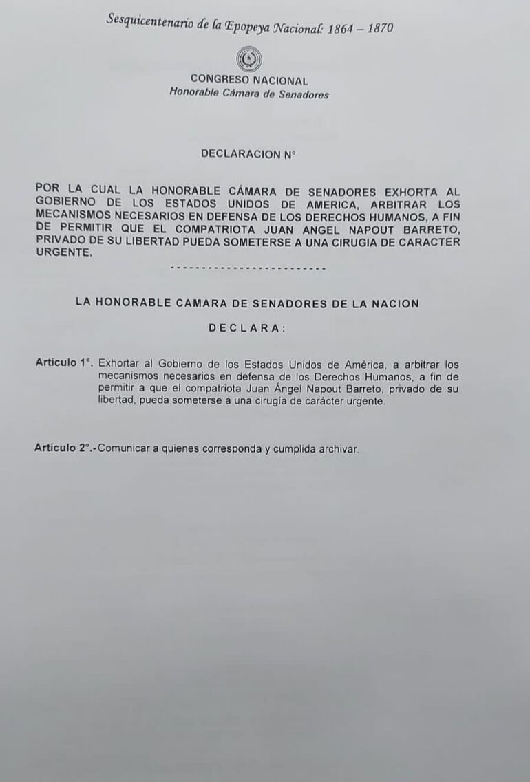 Documento aprobado por los senadores que exhorta a EE.UU. a permitir que Napout sea sometido a una cirugía de cataratas.