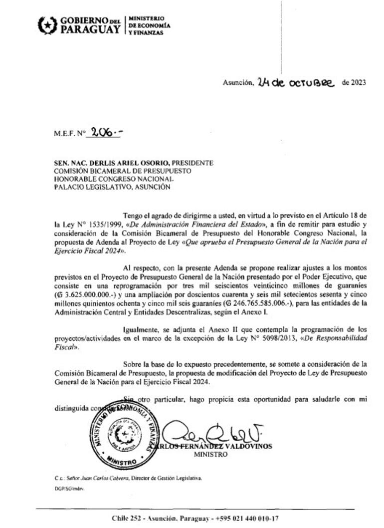 Adenda presentada por el Ministerio de Economía y Finanzas (MEF) que indignó al senador Rafael Filizzola. (gentileza).