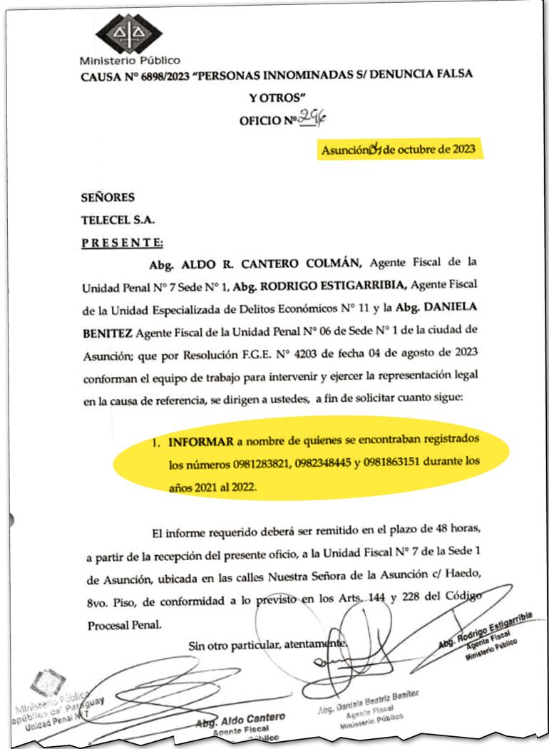 Oficio remitido por el Ministerio Público el 4 de octubre de 2023 y por el cual se pedía informe.