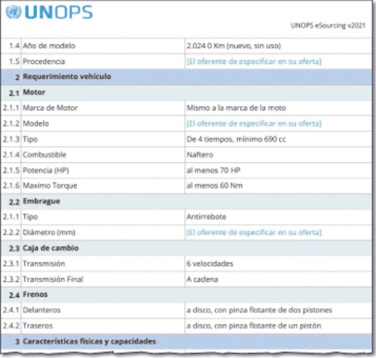 Las especificaciones solicitadas y estipuladas en el llamado publicado por la  UNOPS en el país.