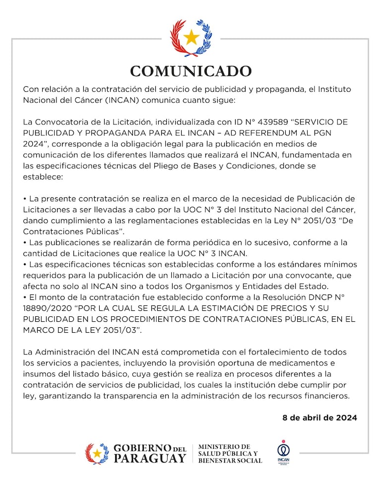 El Instituto Nacional del Cáncer (Incan) emitió un comunicado justificando millonario contrato para publicidad.