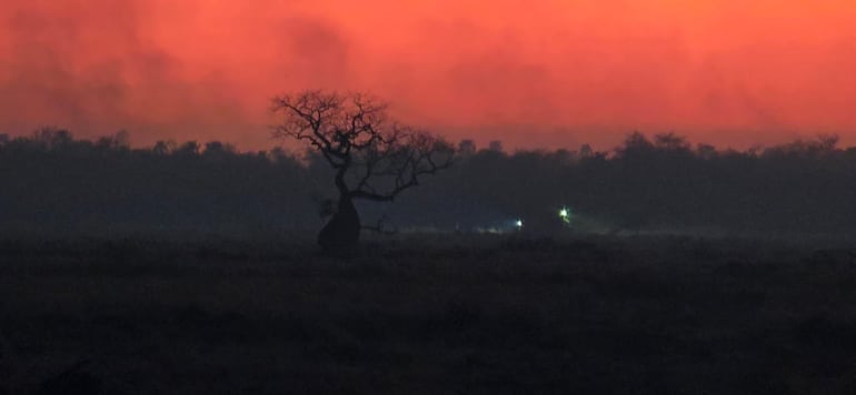 Bomberos voluntarios llevan dos días luchando contra un gran incendio en la zona de Campo León, departamento de Presidente Hayes, Chaco.