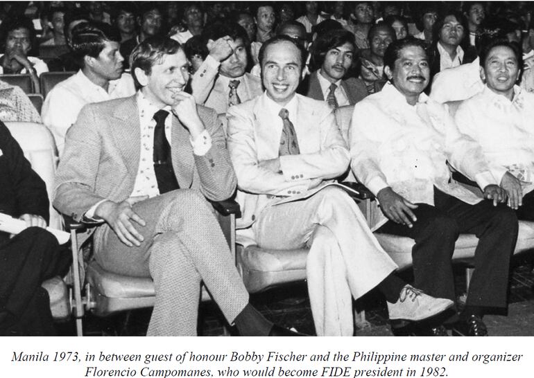 Manila 1973. Fischer invitado de honor, junto a Kavalek y Florencio Campomanes, futuro presidente de la FIDE (Foto, Irena Kavalek del libro Life at play).