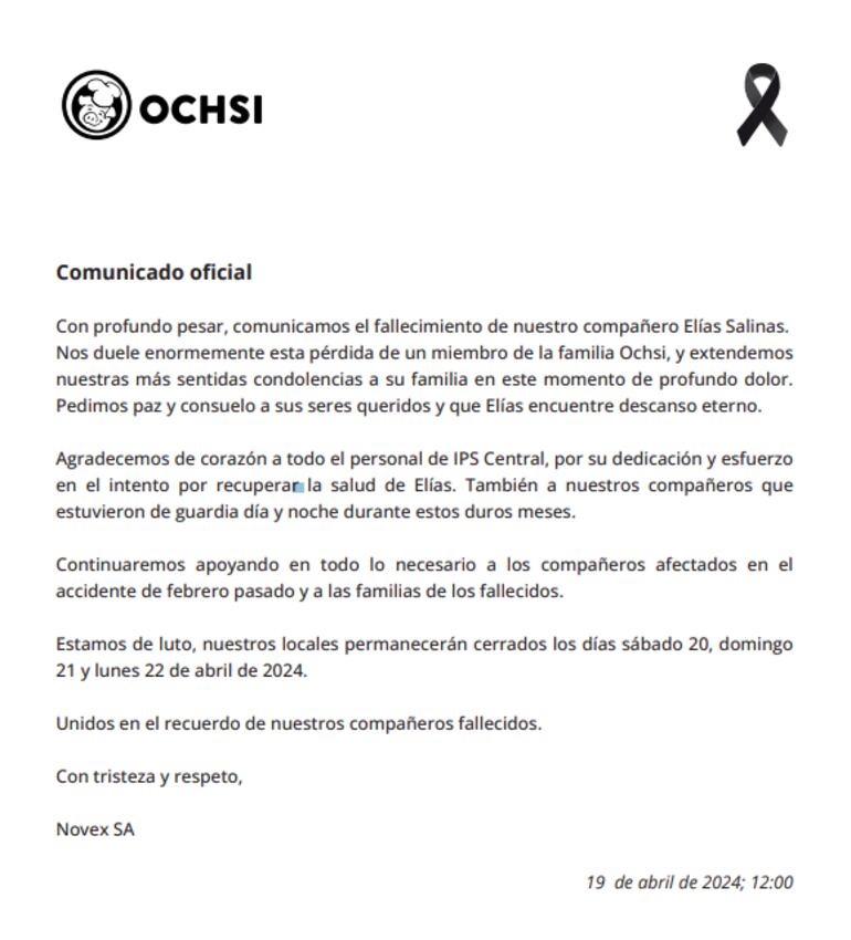 Comunicado de Ochsi que confirma la muerte de un cuarto trabajador por la explosión de un tanque de amoníaco.