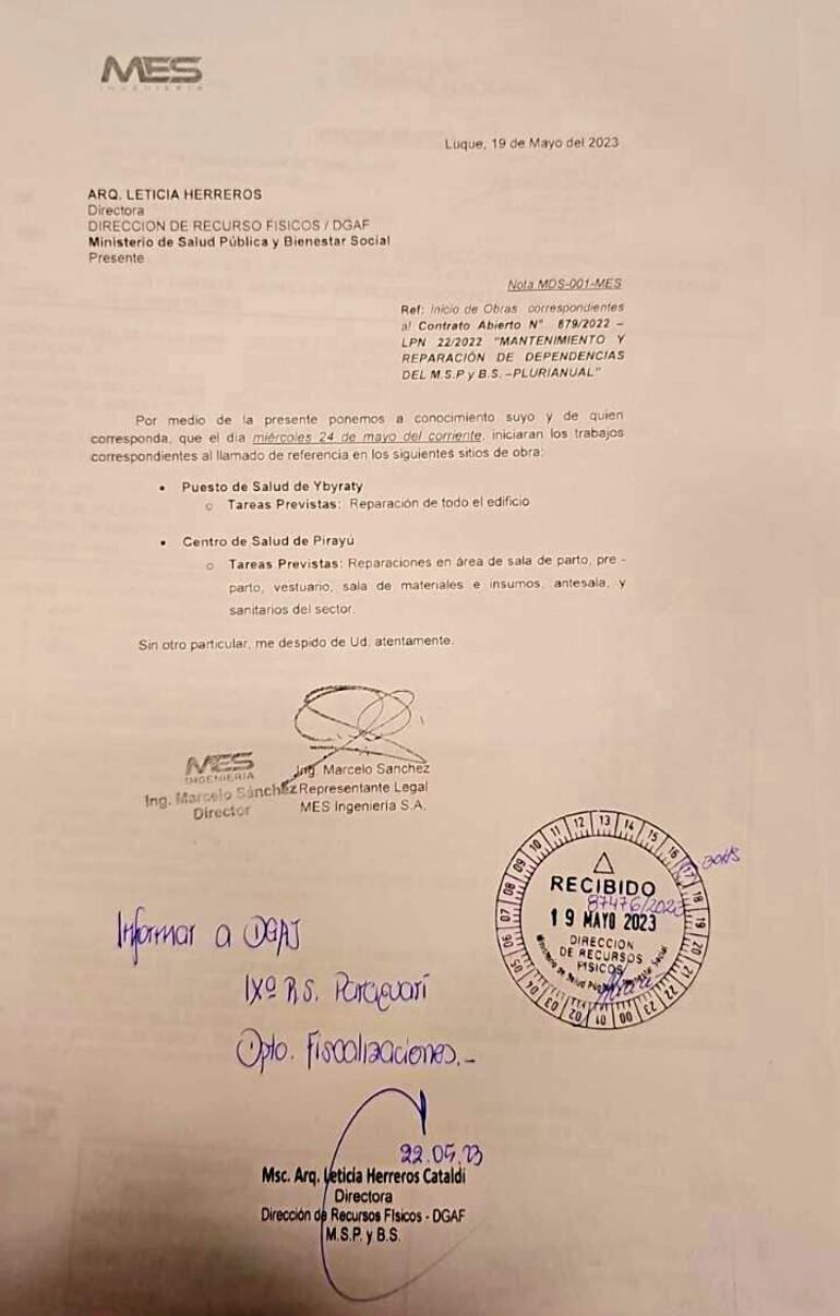 La nota donde el responsable de la empresa MES S.A informa que los trabajos iban a iniciar en mayo pasado, pero no apareció.