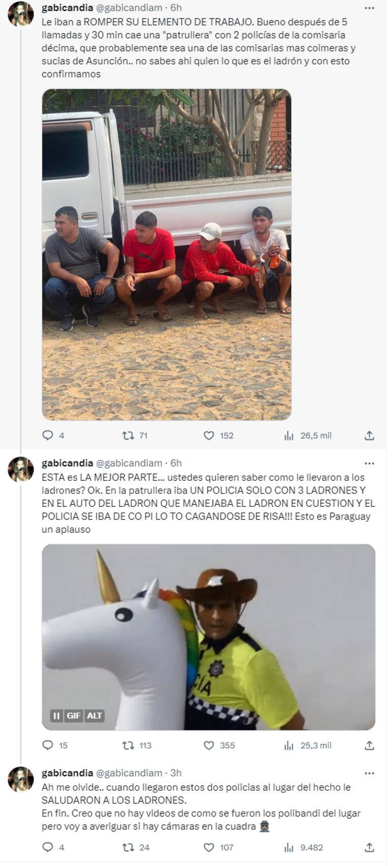 Captura del tweet gabicandia quien denunció supuesta inacción y complicidad de policías con aprehendidos tras inetnto de robo frustrado a albañiles en el barrio Carmelitas de Asunción.