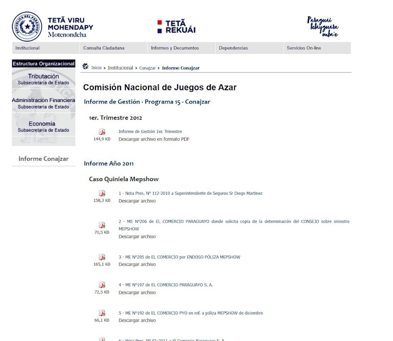 Captura del portal institucional de Conazjar. Su último informe de gestión data del primer trimestre del 2012, hace 10 años. Tampoco figura el reporte actual de la quiniela, que actualmente es investigada por Fiscalía.