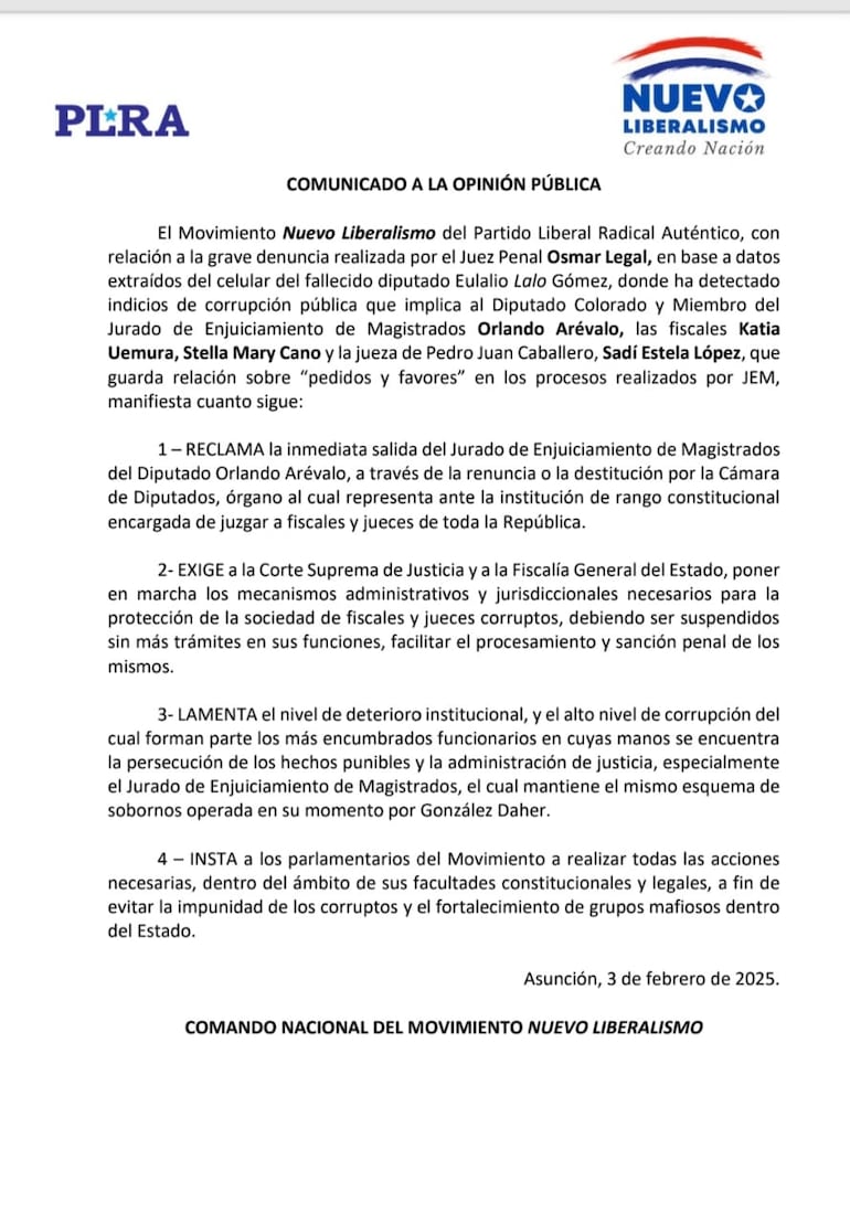 Comunicado del Nuevo Liberalismo sobre el caso Orlando Arévalo.