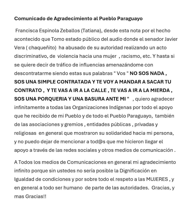 Comunicado de Tatiana funcionaria que denunció a Chaqueñito por querer echarla de la Cámara de Senadores.