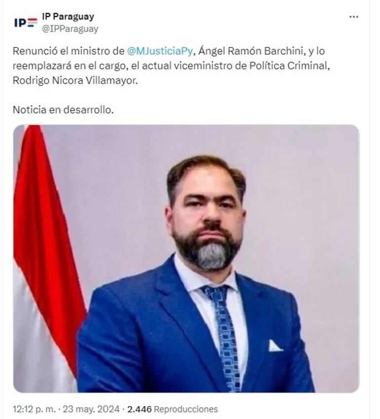 Anuncio del medio oficial IP Paraguay con respecto al cambio en el Ministerio de Justicia.