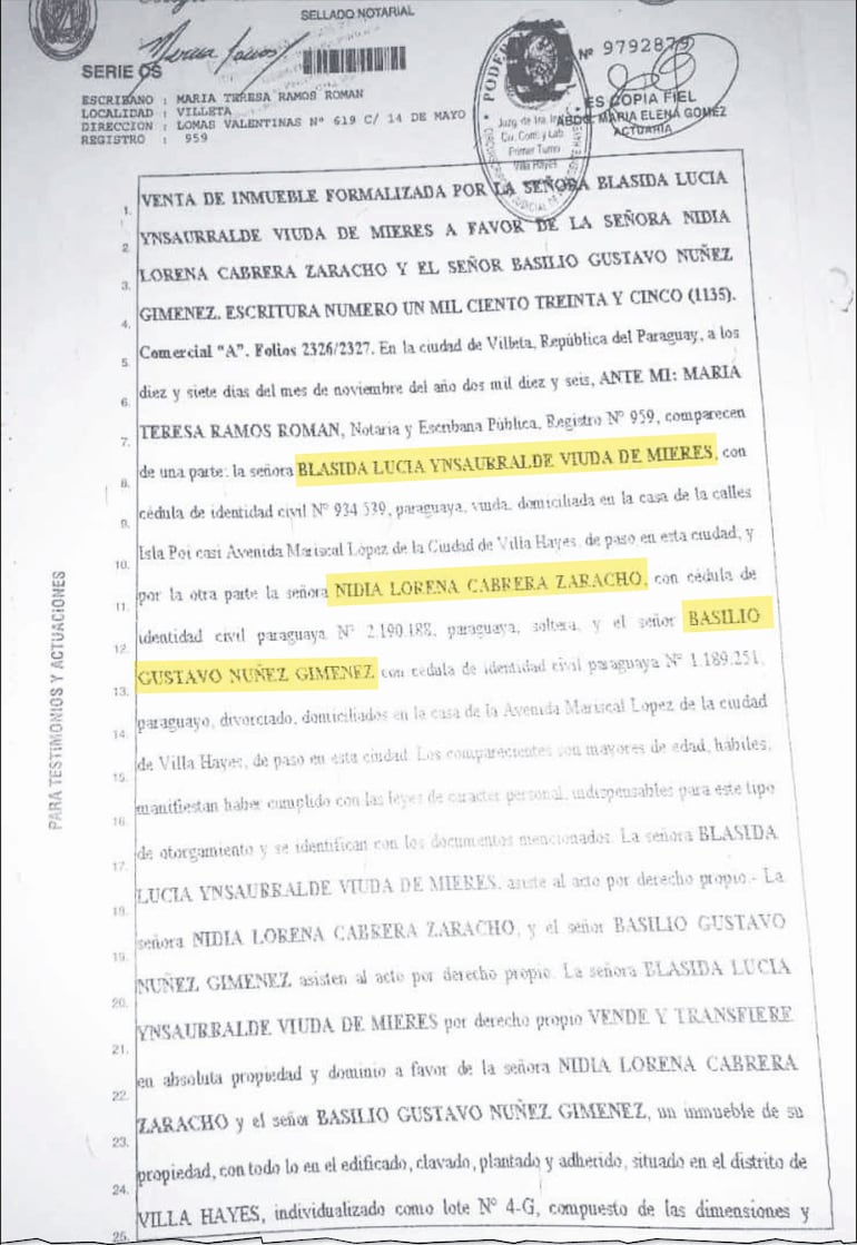 Facsímil del título sobre el terreno de 15 hectáreas en manos del senador cartista y pareja.