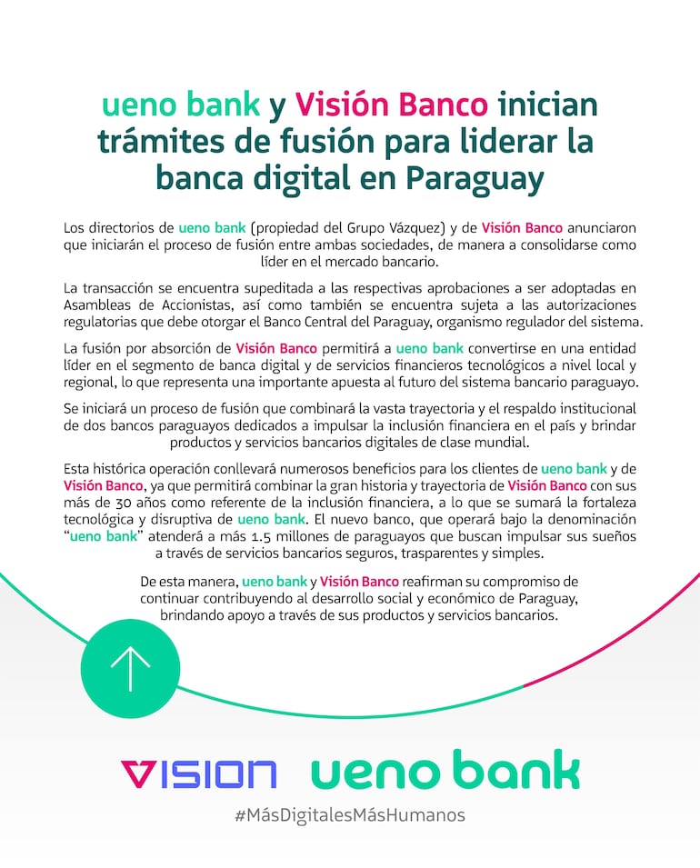 Comunicado conjunto de Ueno Bank y Visión Banco anunciando la fusión.