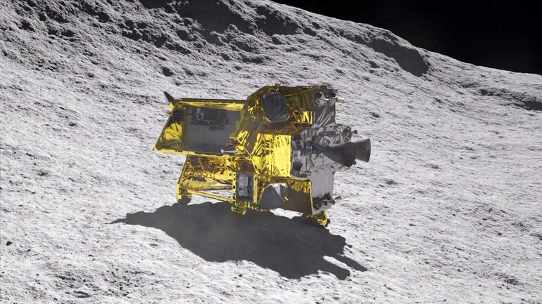 Una imagen proporcionada por la Agencia de Exploración Aeroespacial de Japón (JAXA) el 20 de enero de 2024 muestra una ilustración artística del SLIM (Smart Lander for Investigating Moon) en la Luna.