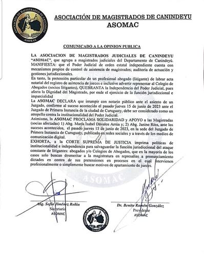 Comunicado de la Asociación de Magistrados de Canindeyú