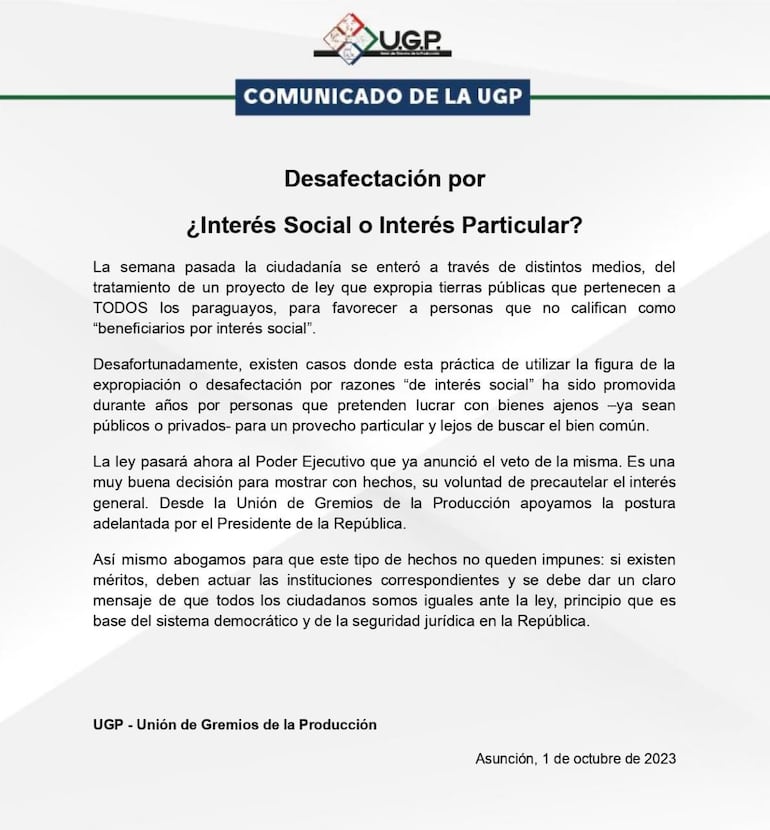 Comunicado de la Unión de Gremios de la Producción. (UGP).