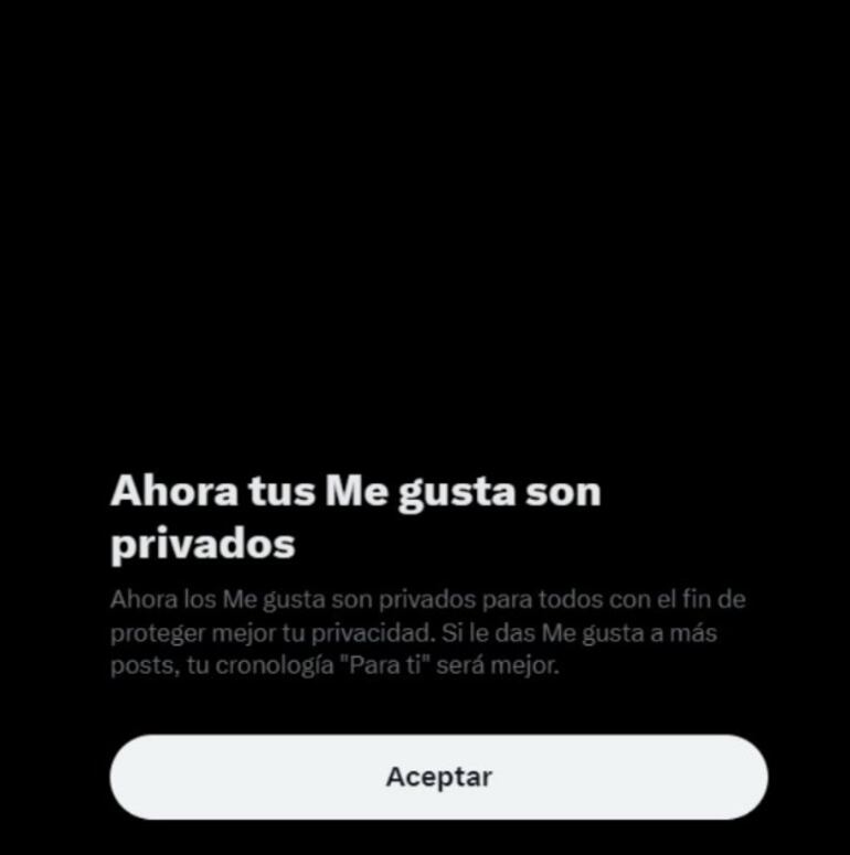 Aviso de X sobre los "me gusta" privados.