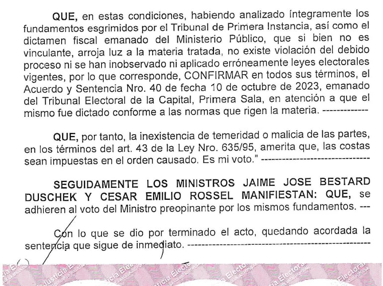 Argumentaciones del titular del TSJE, Jorge Bogarín González, y la adhesión de sus colegas Jaime Bestard (ANR, HC) y Cesar Rossel (PLRA) contra el pedido de nulidad de Efraín Alegre.