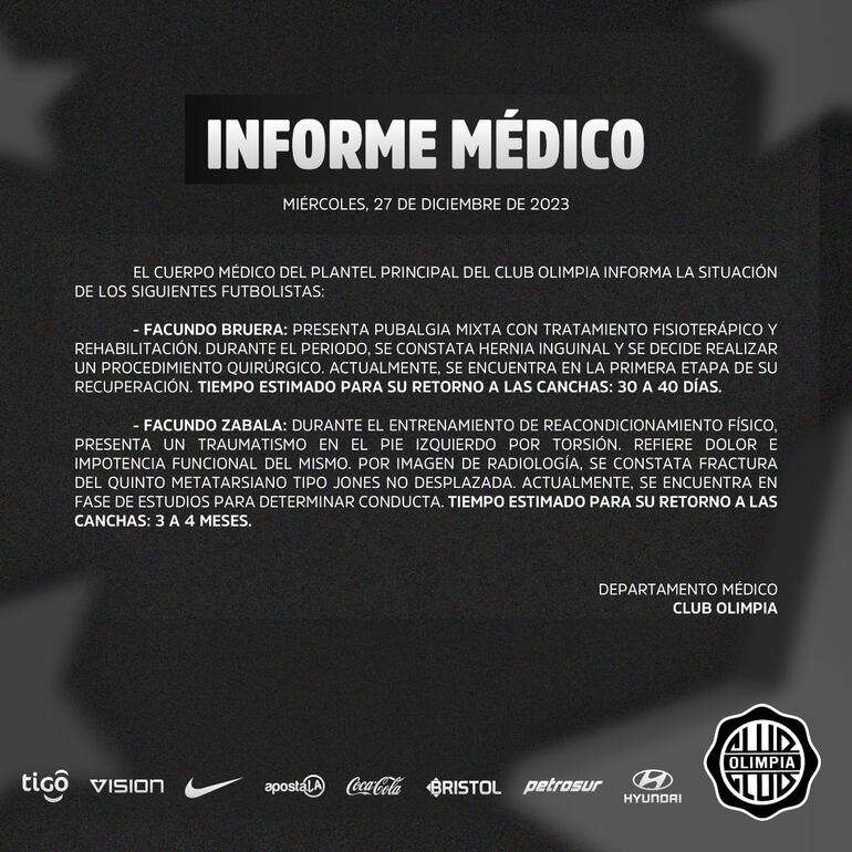 Informe del departamento médico de Olimpia