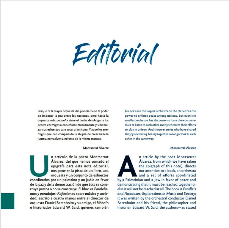 El Editorial de UNAM Internacional comienza citando un artículo de la escritora Montserrat Álvarez publicado en El Suplemento Cultural de ABC Color