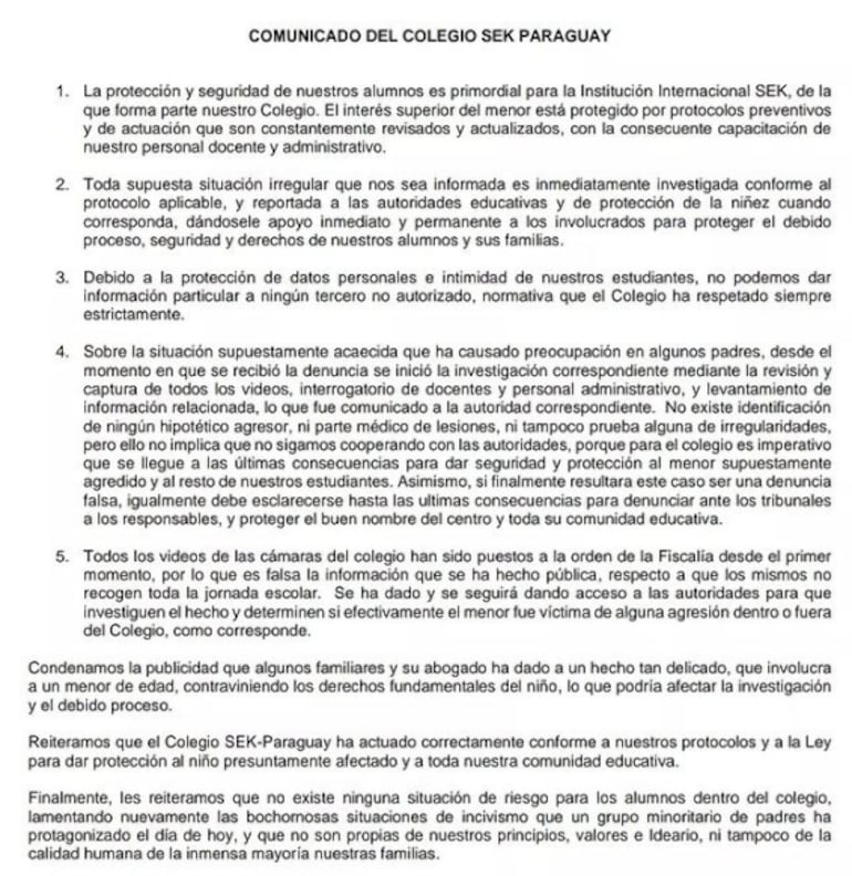 Comunicado del colegio SEK sobre un caso de presunto abuso en el colegio.