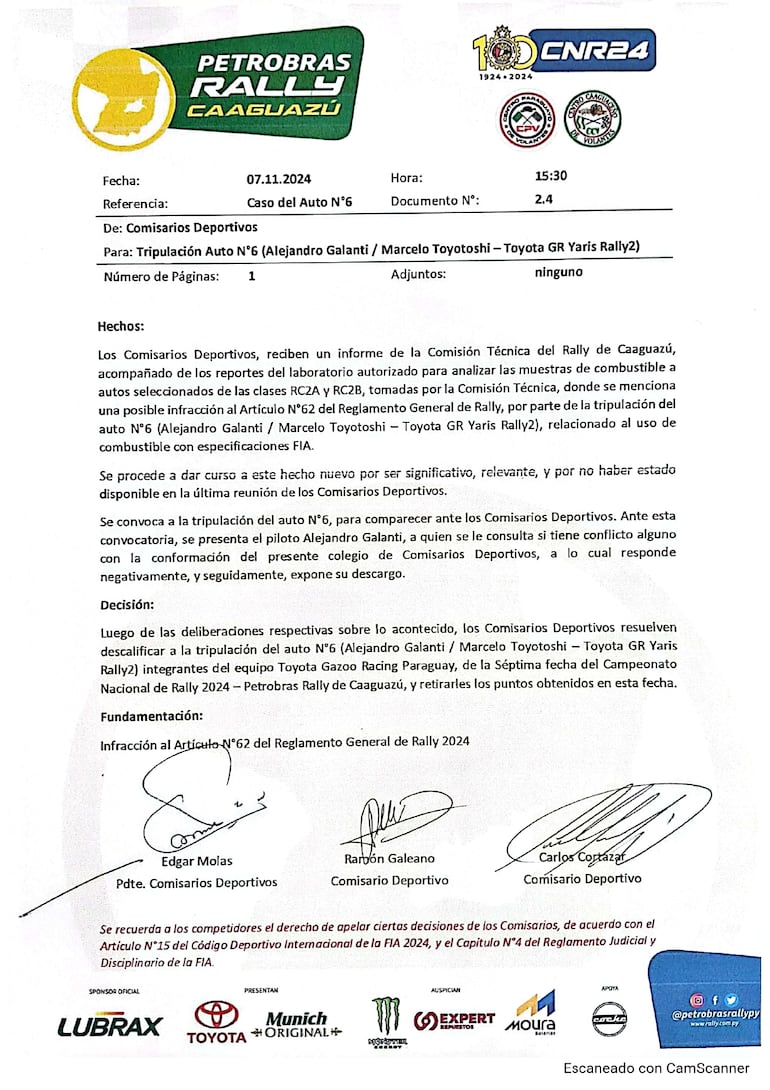 Facsímil de la resolución de los Comisarios Deportivos del Petrobras Rally de Caaguazú, en el cual se puede leer íntegramente las exposición de motivos de la descalificación.