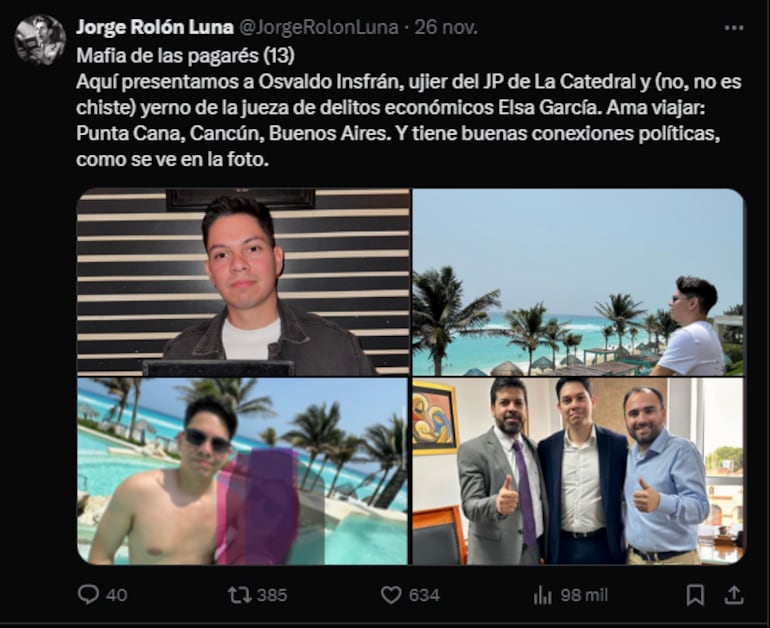 Tweet de Jorge Rolón denunciando a Osvaldo Insfrán.