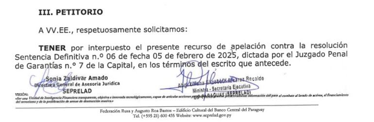 La mismísima Liliana Alcaraz firmó el recurso legal que busca sostener oscuridad sobre millonarias transferencias  de dinero.