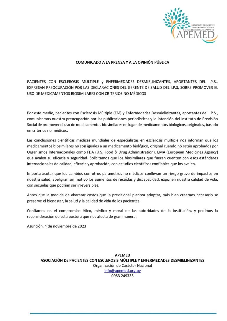 Comunicado de Apemed en el que expresan su preocupación por el uso de medicamentos no basados en criterios médicos.