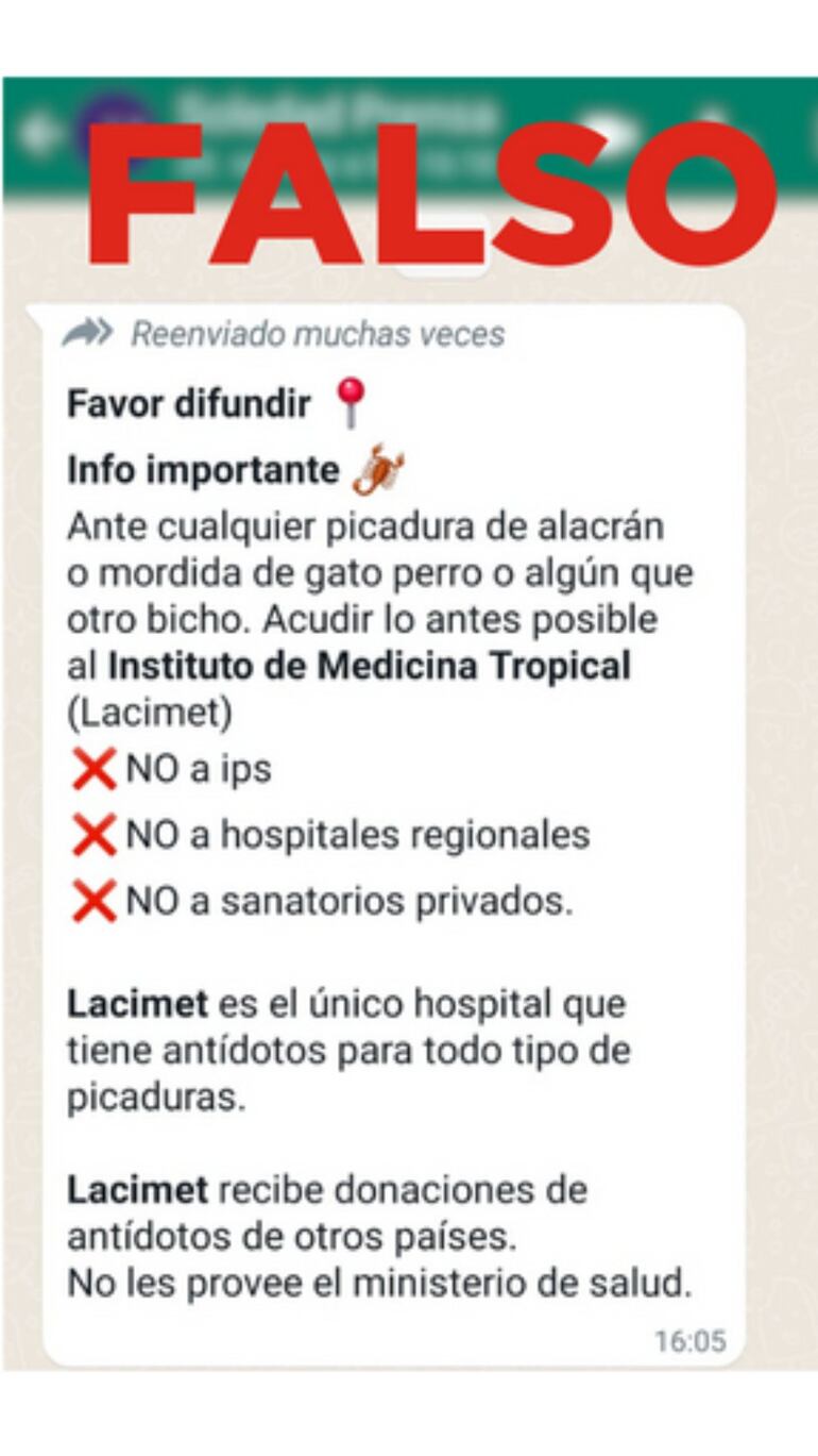 Captura del mensaje de WhatsApp que contiene información falsa sobre alacranes de acuerdo a la advertencia del Ministerio de Salud Pública.