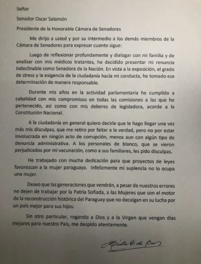 Carta de renuncia de Mirta Gusinky