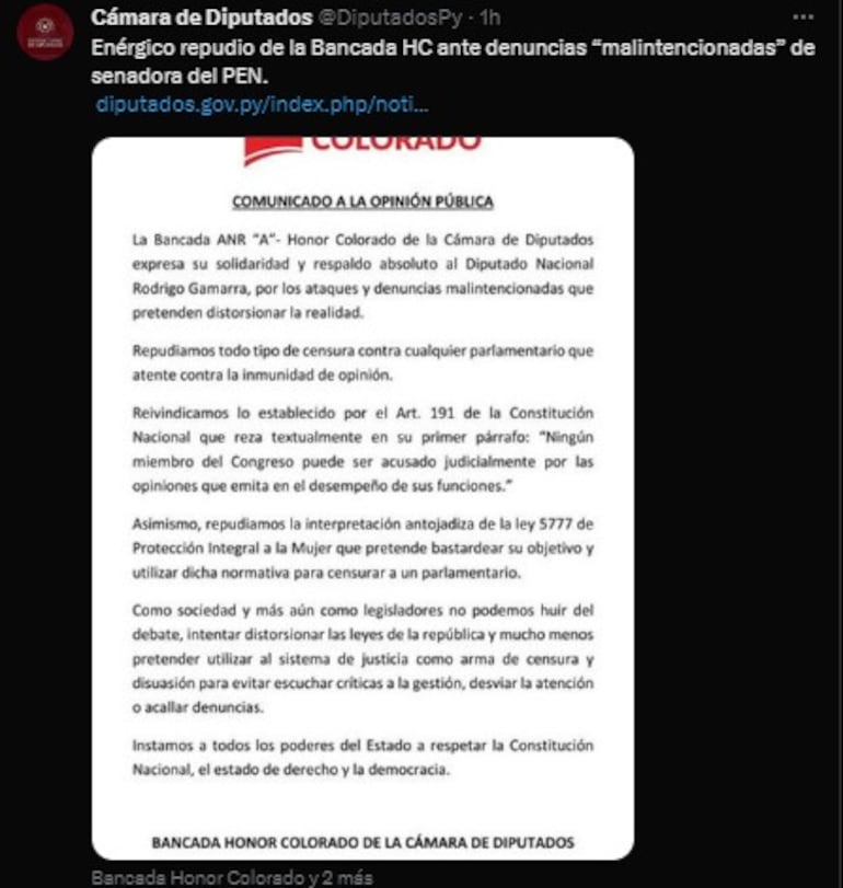 Posteo borrado del comunicado realizado a través de la cuenta oficial de X de la bancada de HC.