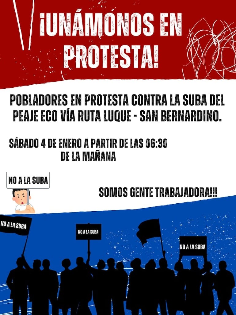 Flyer de invitación para la protesta en contra de la suba del peaje en la Eco vía Luque-San Bernardino.