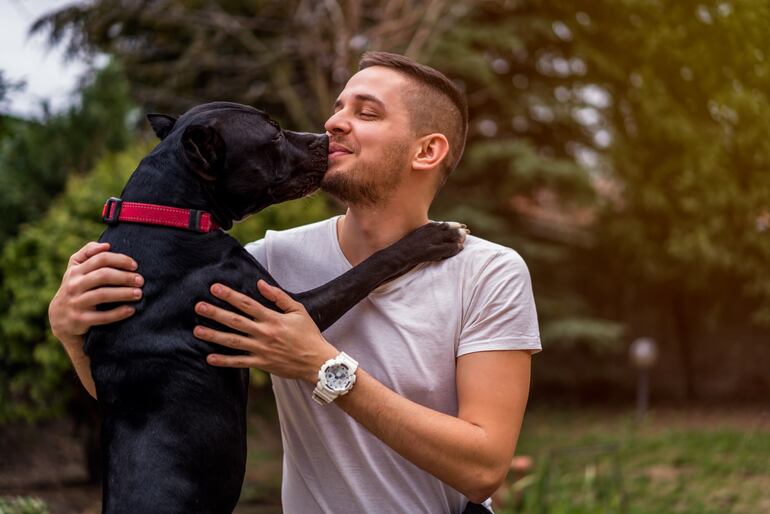 Un perro negro de gran tamaño y un joven se dan un beso en la boca.