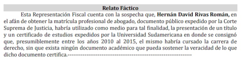 Imputación de la fiscal Patricia Sánchez donde sostiene que no hay documentos sobre los antecedentes académicos de Rivas.